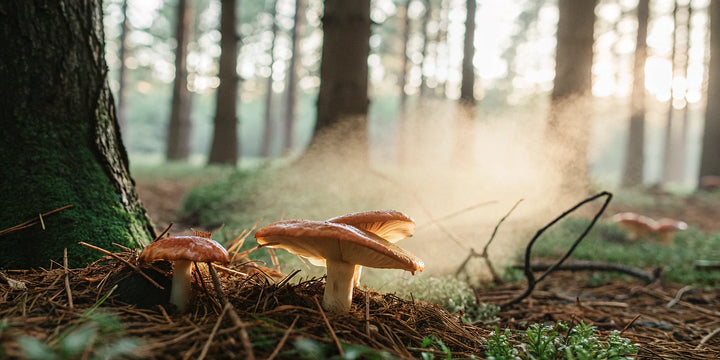 Functional mushrooms growing in a sunlit forest, offering natural benefits for focus.